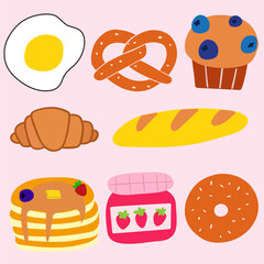 Collection of tasty sweet food. Flat vector illustrations on pink background.