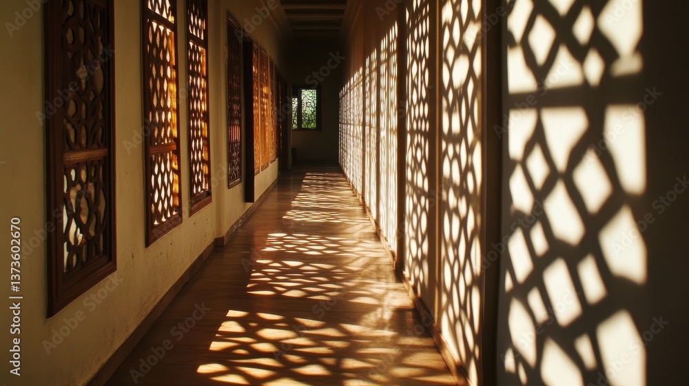 Poster sunlit hallway showcasing intricate shadows and patterns from window screens in an elegant design