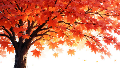 Maple tree with autumn colors, watercolor art, white background
