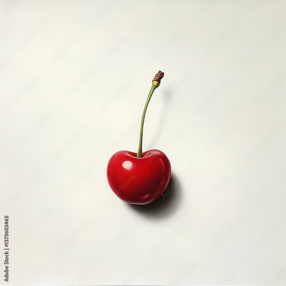 Poster fresh red cherry with green stem set against a minimal light background