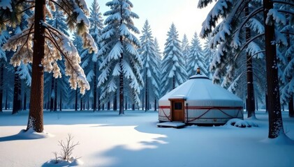 Snow-covered forest with a lone yurt nestled in the woods, trees, forest