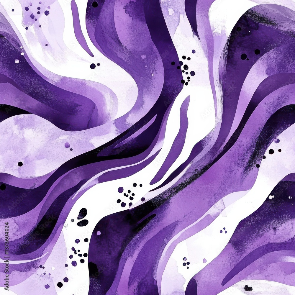 Poster dynamic watercolor doodles creating a flowing abstract design in shades of purple and white