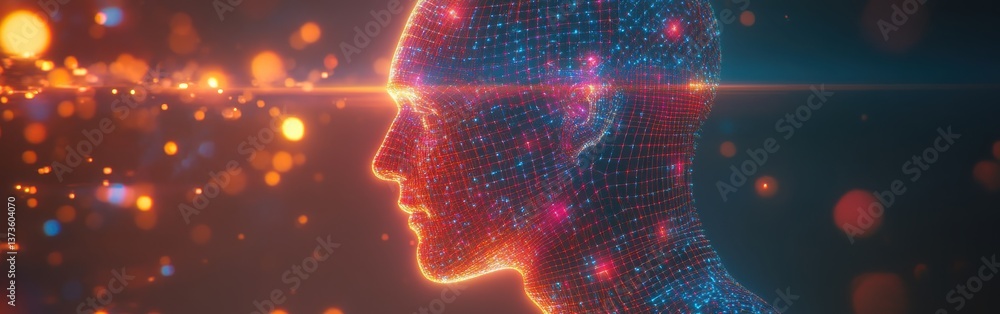 Leinwandbilder dynamic profile of a man's silhouette illuminated by creative lights and digital patterns in a futur