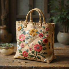A floral-patterned bag displaying an array of colorful flowers against a soft background. GENERATIVE AI