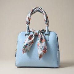  Light blue handbag adorned with a floral print scarf tied around the handle. GENERATIVE AI