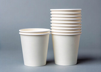 Stack of white paper cups on grey background