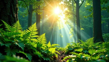 Obraz premium Sunlight filtering through fern fronds in the forest canopy above, light, sunbeams