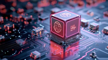 Futuristic Tech Cube on Circuit Board - AI and Machine Learning