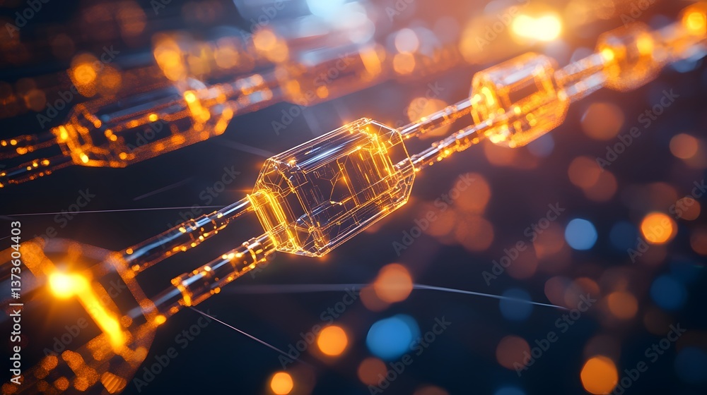 Poster illuminating blockchain: a close-up, detailed view of a blockchain with its glowing, interconnected 