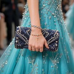 A woman wearing a blue dress and holding a blue clutch poses elegantly, showcasing her stylish outfit. GENERATIVE AI