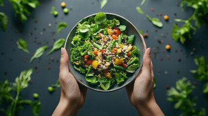 Overhead view of hands gently cradling a dark bowl of vibrant salad featu mixed greens, rice, green beans, tomatoes, and assorted vegetables