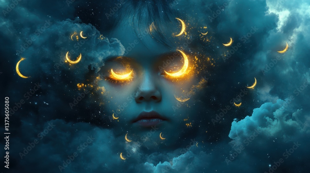 Poster conceptual visualization of a child's face surrounded by dreamy clouds and celestial elements at nig