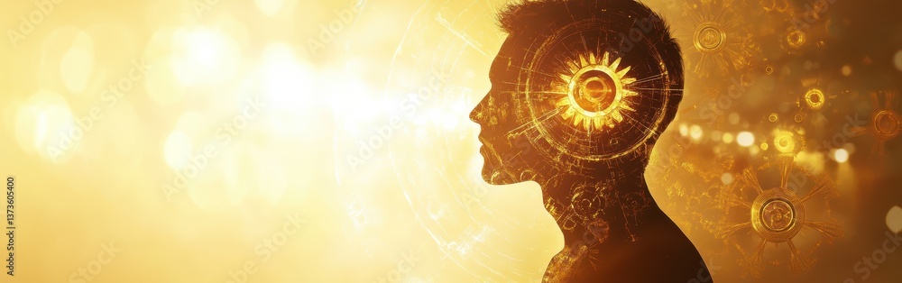 Poster man radiating light with intricate patterns around head in a warm-toned setting during twilight hour