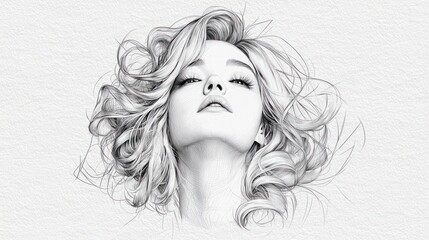 Fototapeta premium AI Generated Sketch Elegant Woman Curls Black White Artistic Portrait Surrealism