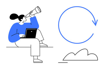 Woman holding telescope, seated with laptop, observing cloud and circular arrow. Ideal for research, discovery, innovation, technology, renewal strategy and future vision. Flat simple metaphor
