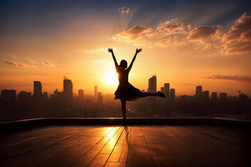 Graceful Ballerina Silhouette Dancing on Urban Rooftop During Golden Sunset, City Skyline View with Dramatic Sky, Freedom and Achievement Concept