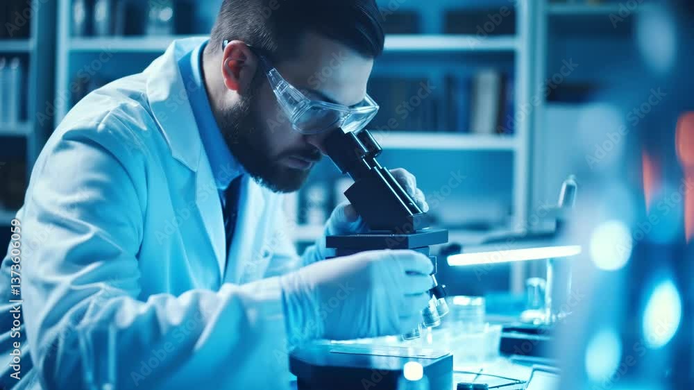 Poster a scientist in a lab coat examines a microscope in a lab. the video captures a side angle, highlight