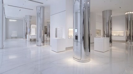 Modern Showroom Interior  Sleek Design  Chrome Columns  White Marble Floor