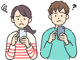 スマホを操作して困っている若い男女のイラスト

