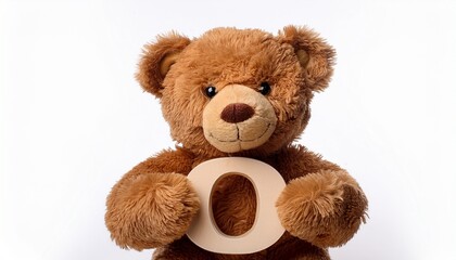 Fototapeta premium Cute brown teddy bear with letter O. Baby name reveal after child birth. Stuffed animal isolated on white background