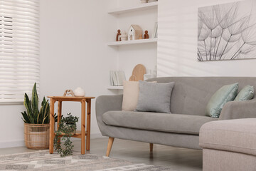 Stylish furniture, houseplants and different decor in light living room. Interior design