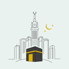 Line illustration of the holy Kaaba in Mecca in Saudi Arabia. vector cube continuous line on white background