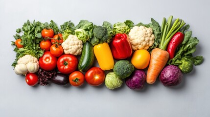 Vibrant Collection of Fresh Colorful Vegetables Including Tomatoes, Broccoli, Zucchini, Carrots, Cabbage, and Leafy Greens on a Bright Display
