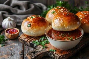 Ukrainian pampushky garlic buns served hot with bowl of borscht