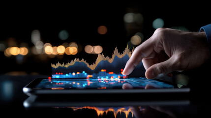 Economic Risk Concenpt, A hand interacts with a tablet displaying data analytics against a blurred city night background.