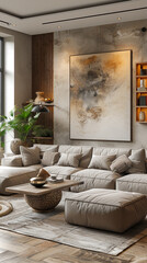 Modern Living Room Interior with Gray Furniture, Large Abstract Painting, Cozy Atmosphere, Daytime, Contemporary Design, Urban Setting with Natural Light and Potted Plants