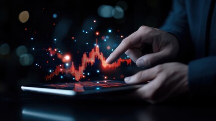 Economic Risk Concenpt, A hand interacting with a digital tablet displaying financial data and graphs in a dark environment.