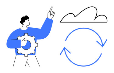 Man with gear points to cloud above, accompanied by circular arrows illustrating process flow. Ideal for technology, innovation, process optimization, cloud computing, teamwork, sustainability