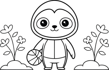 Cartoon Sloth with Ball and Flowers in Line Art on Transparent Background