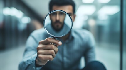 Intense Focus: A man peers intently through a magnifying glass, symbolizing thorough investigation and meticulous examination, conveying a sense of careful observation.
