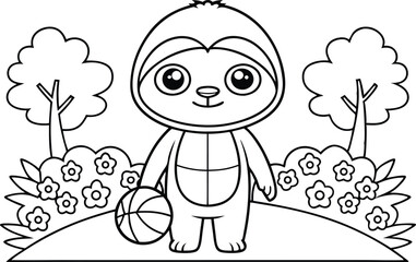 Cartoon Sloth with Basketball Outline on Nature with Trees and Bushes Line Art