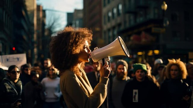 A woman with a megaphone leads a protest in a city street. Captured at eye level, the video conveys activism and urban energy in warm lighting.