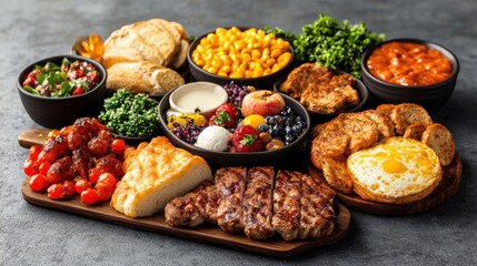 A large wooden board overflowing with a diverse and abundant brunch spread featu grilled steak fried eggs fruit salad and comforting sides to enjoy