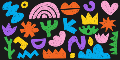 Set of colorful pencil drawn modern textured shapes. Trendy collections of abstract doodle pieces. Creative collage with funky abstract geometric objects in a naive style
