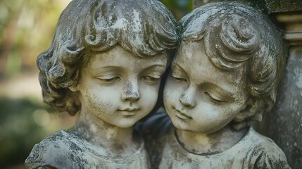 Obraz premium Vintage Close-up of Old Statue Featuring Two Young Children with Intriguing Detail