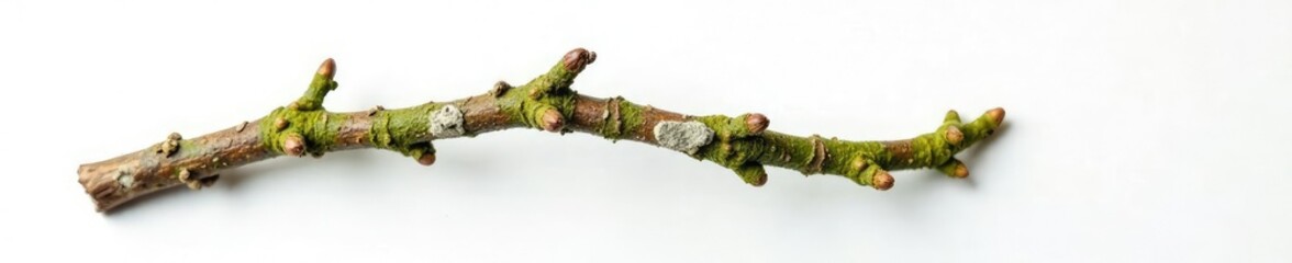 Fototapeta premium Single isolated branch with moss and lichen on white surface, white, closeup, nature