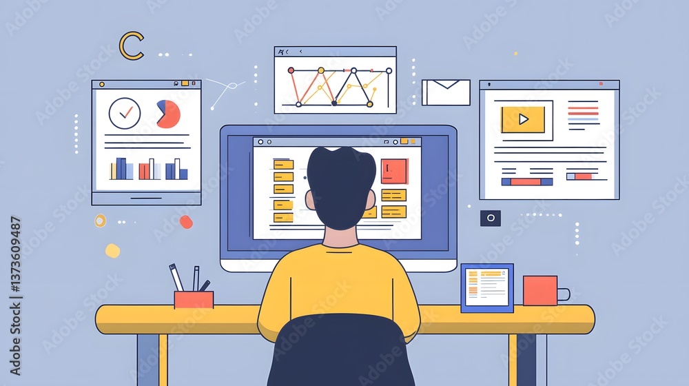 Aufkleber digital workspace: a person sits at their desk, deeply engaged in their work. surrounded by various 