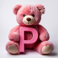 Cute pink teddy bear with letter P. Baby name reveal after child birth. Stuffed animal isolated on white background