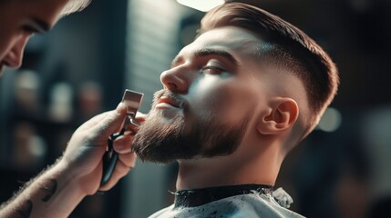 action shot of a barber carefully trimming a faded beard, with focus on the fading technique and the detailed grooming process.