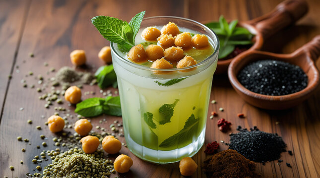 Jaljeera &ndash; A chilled glass of tangy jaljeera, with cumin and mint flavors, garnished with boondi (fried chickpea pearls), sitting on a wooden table with scattered spices like cumin, black salt