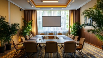 Modern and Cozy Conference Room Interior with Table, Chairs, and TV Screen