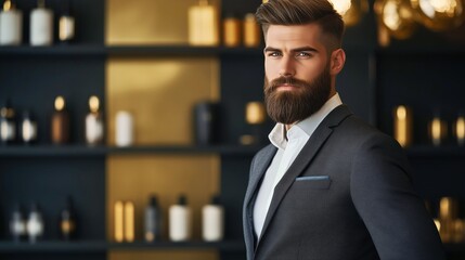 male model in a dark suit, sporting a beard and confidently posing in a modern