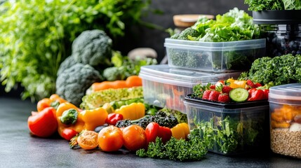 Vibrant collection of fresh produce including broccoli, lettuce, bell peppers, carrots, tomatoes, strawberries and kale in organized plastic containers
