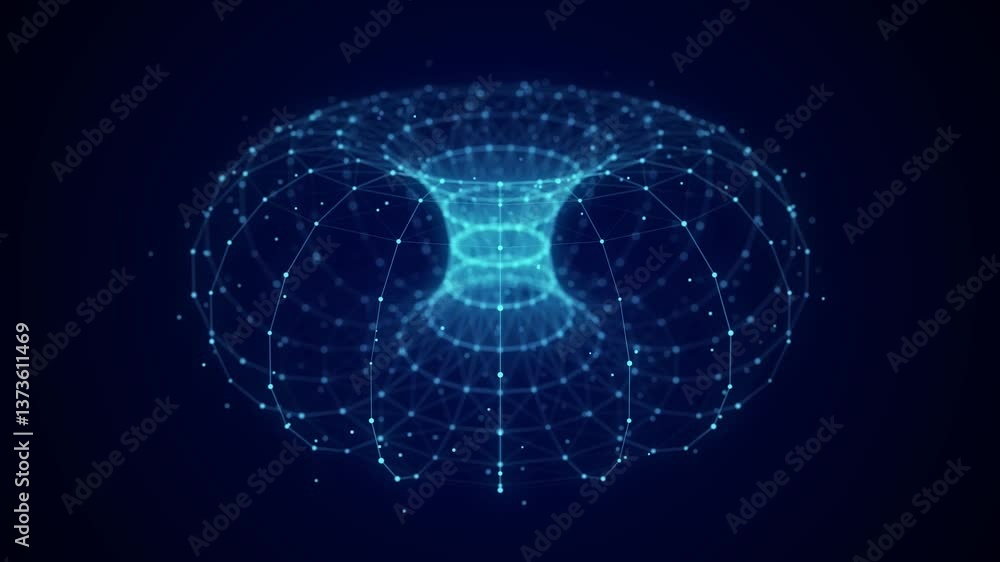Poster futuristic dynamic twisted wireframe torus on blue background. the flow of scientific data. futurist