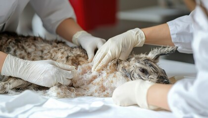 Veterinary care for scaly skin infection treatment animal clinic medical procedure indoor close-up animal health awareness