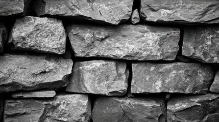 A grayscale close-up of a rustic stone wall, showcasing the texture and pattern of the irregularly shaped stones. The image emphasizes the natural beauty of the stones.
